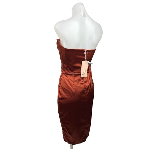 NEW Oh Polly Silk Satin Brown Strapless Cowl Cocktail Tube Mini Sheath Dress 8 - Picture 2 of 5